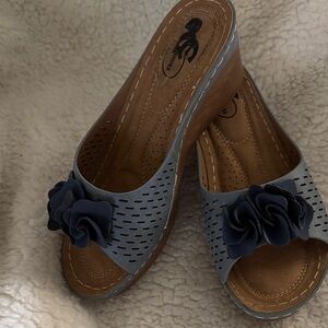 Women's Blue Floral Slide Wedge Sandals